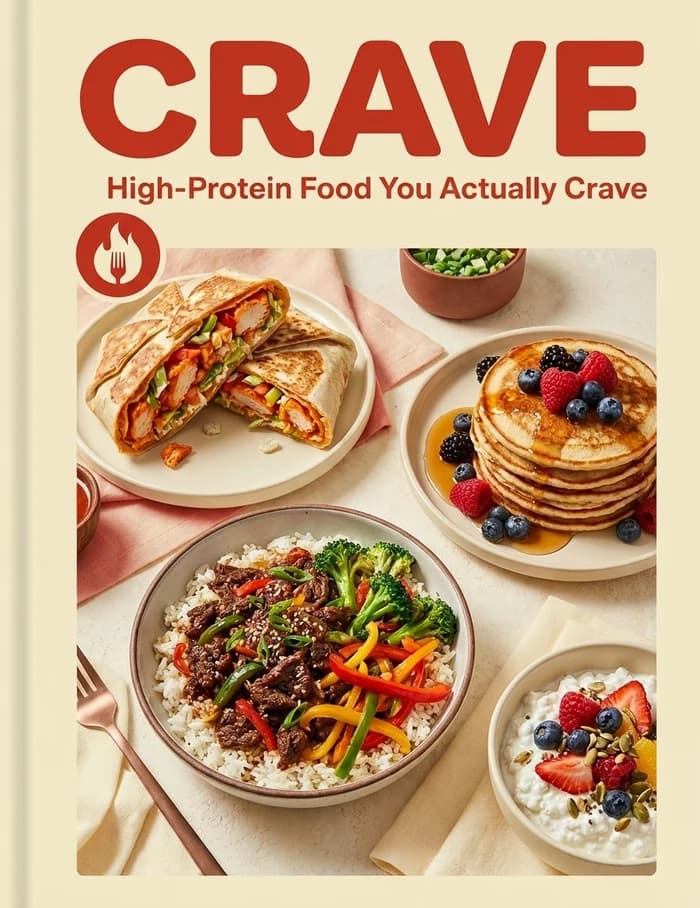 Crave cookbook cover, with wraps, pancakes, a beef bowl, and yogurt